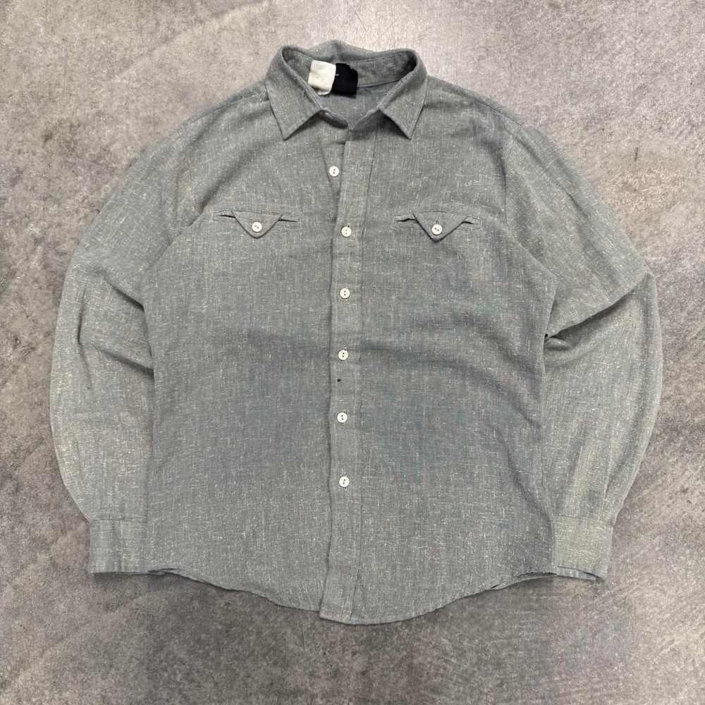 70's Kennington Button Up Shirt Slub Green Blue Western Mens Medium